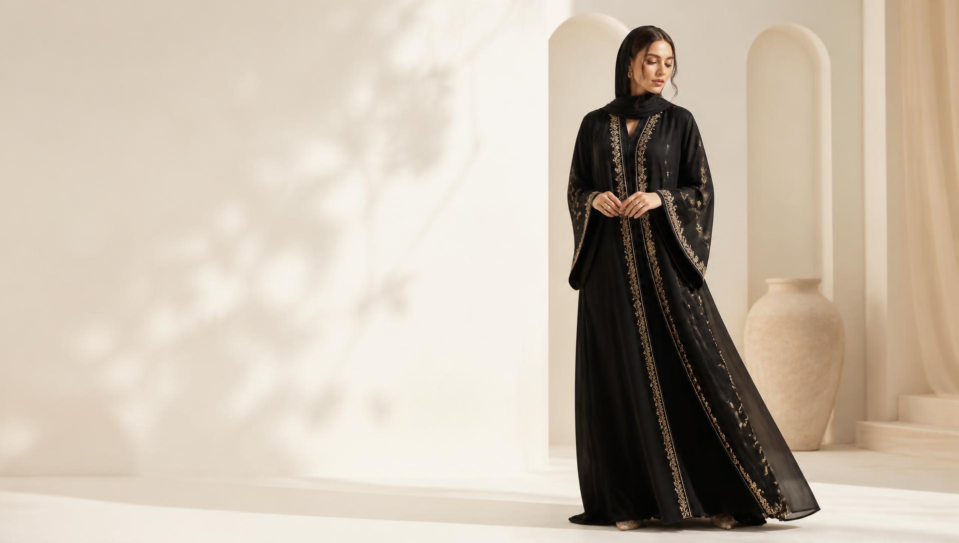 Model wearing an embroidered black abaya in a bright studio